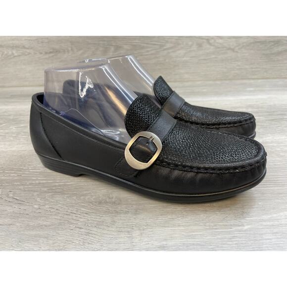 SAS Lara 3726 Women's US 8N Black Leather Slip-On Round Moc Toe Loafer Shoes - Picture 1 of 10